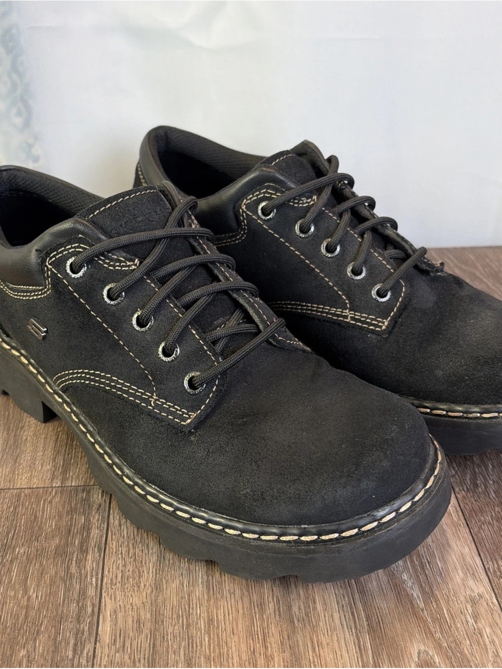 Skechers Parties-Mate Chunky Oxford Black Suede Leather Shoes Women’s 11
